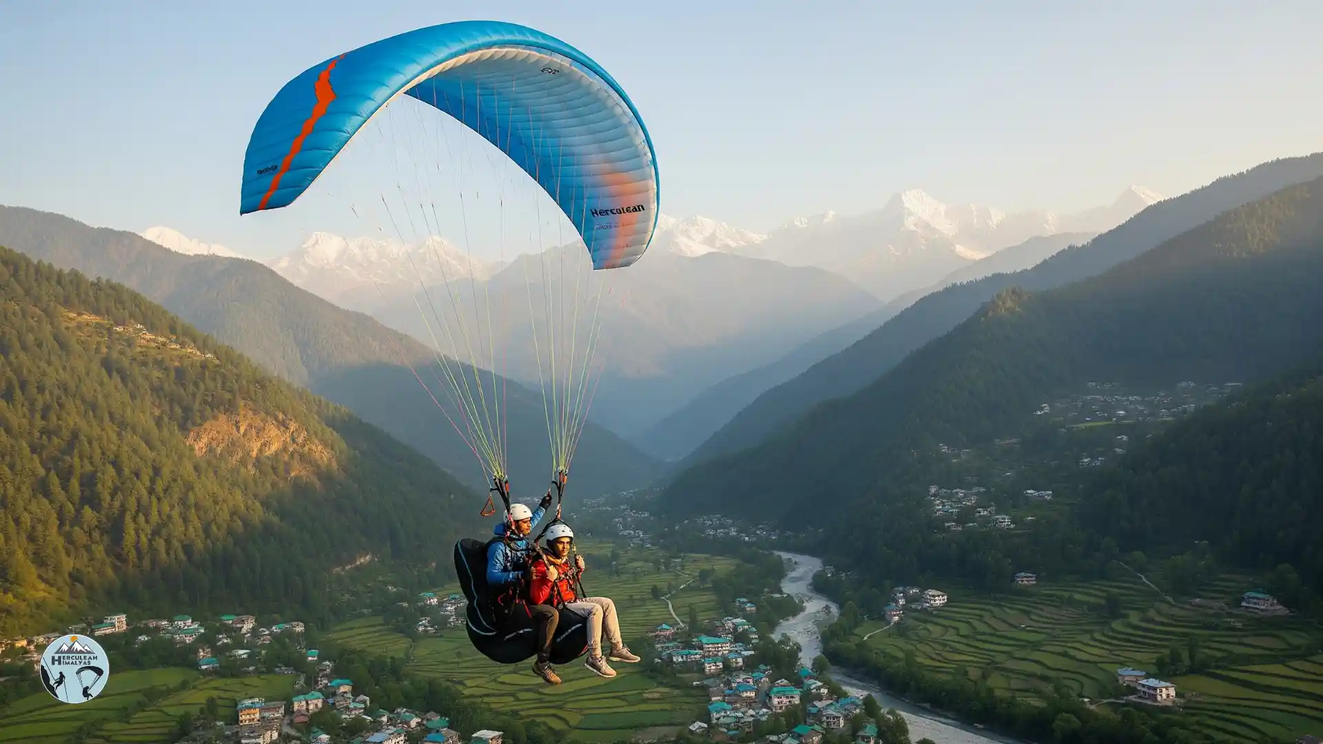 Tandem paragliding flight over Dobhi valley with Herculean Himalayas pilot - peaceful paragliding experience in Manali